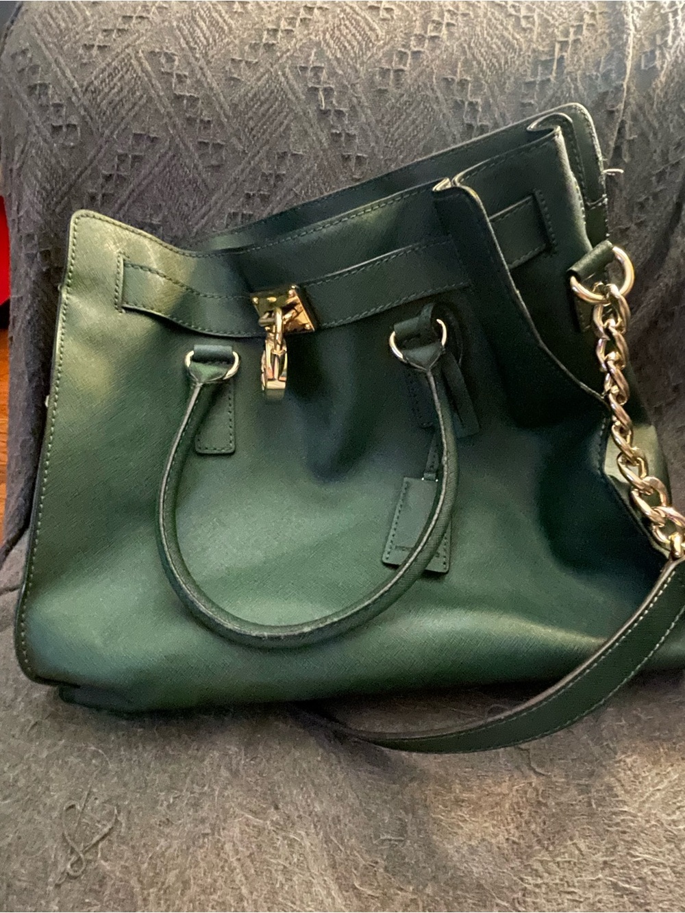 Michael Kors Forest Green Leather Shoulder Bag with Gold Chain